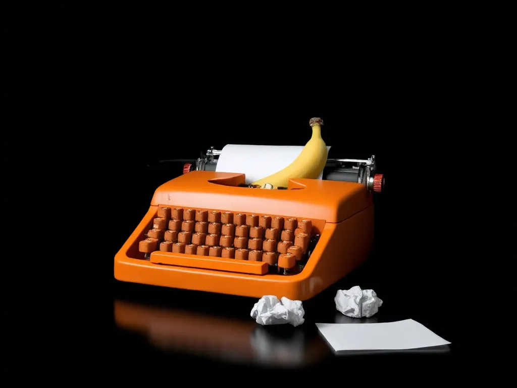 A real ripe yellow banana standing upright in an orange typewriter, in front of a blank sheet, with crumpled paper on a dark desk.