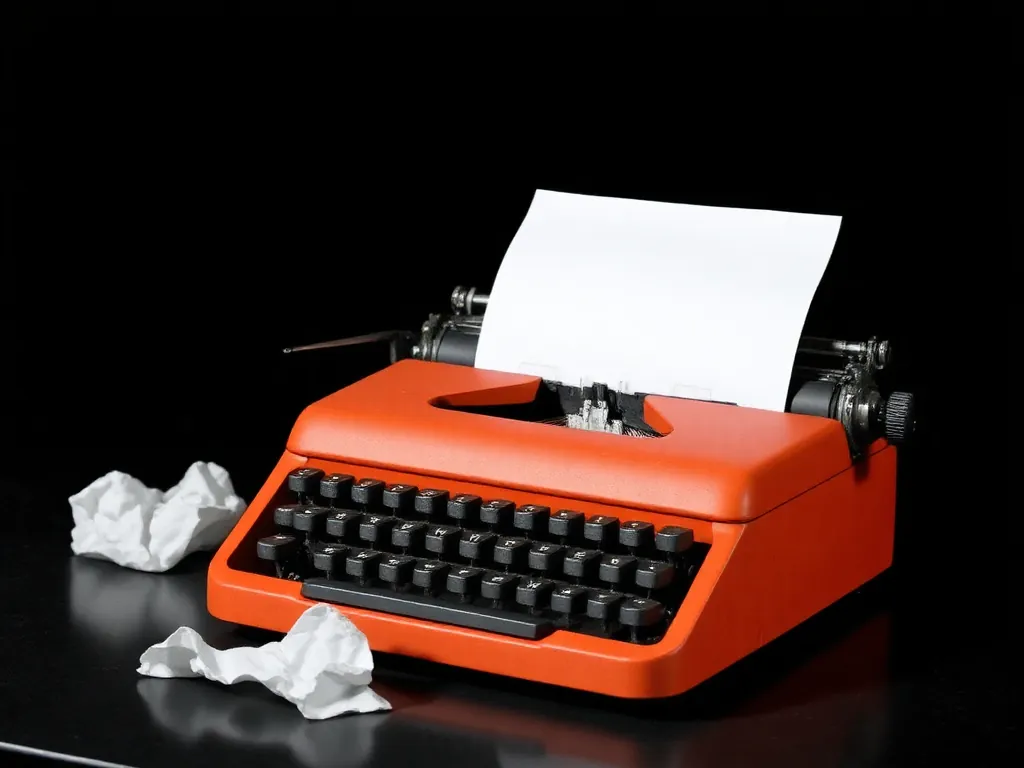 An orange typewriter on a black desk with a blank white sheet rolled into it and crumpled paper beside it.