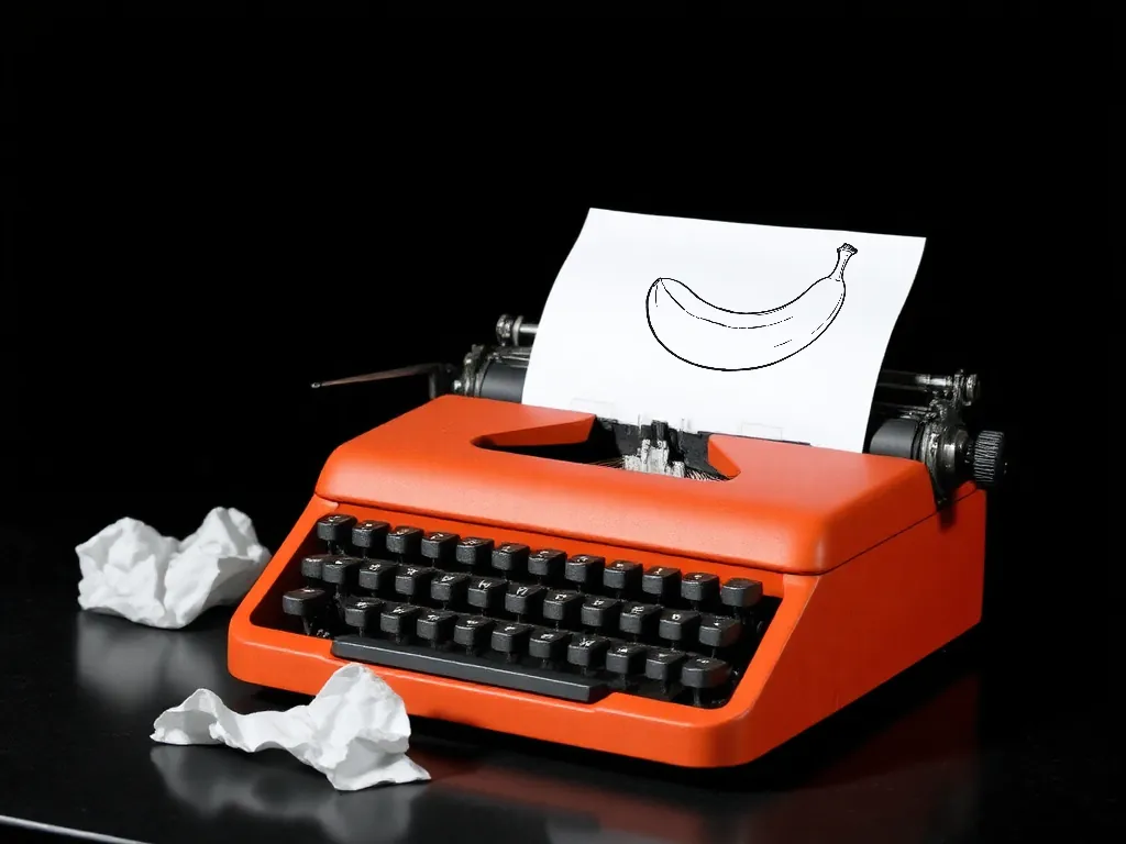 The orange typewriter with a black ink line drawing of a banana on the white sheet.