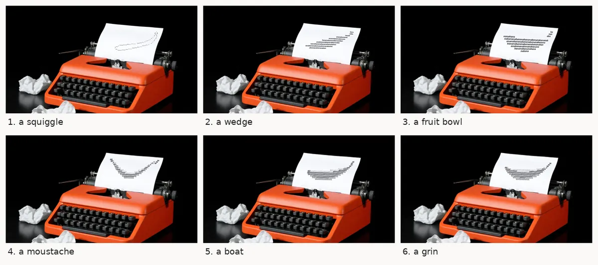 Six versions of the same typewriter card, each with a different typed banana attempt on the sheet: a dotted squiggle, a wedge of words, a bowl-shaped block of words, and shaded shapes that look like a moustache, a boat and a grin.